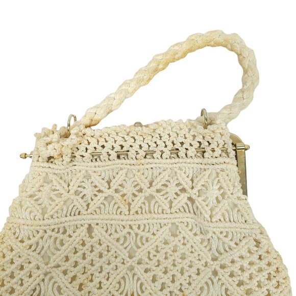 Vintage Crochet Handbag AS-IS READ Rope Handle Boho Purse Clasp Closure Cream - Picture 9 of 11
